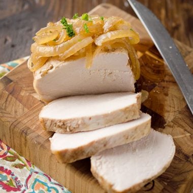 Crock-Pot Savory Pork Tenderloin & Onions - A moist and flavorful pork loin recipe made in your slow cooker for an easy dinner idea! #Pork #CrockPot #Healthy #DinnerIdea #SlowCooker #DairyFree