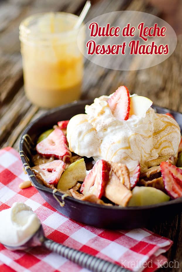 Dulce de Leche Dessert Nachos - A fast and easy dessert recipe with crunchy cinnamon sugar pita chips, ice cream, fresh fruit and decadent dulce de leche drizzle! #Dessert #Sweet #Fruit #DulceDeLeche