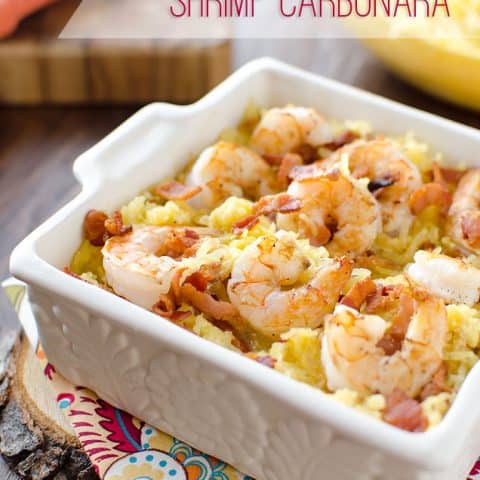 Light Spaghetti Squash Shrimp Carbonara is a healthy and low-carb recipe with all of the great flavors of carbonara without all the fat and carbohydrates from the traditional pasta dish. The lightened up version is loaded with tender shrimp and creamy spaghetti squash for a dinner you can feel good about. #SpaghettiSquash #Shrimp #LowCarb #Light