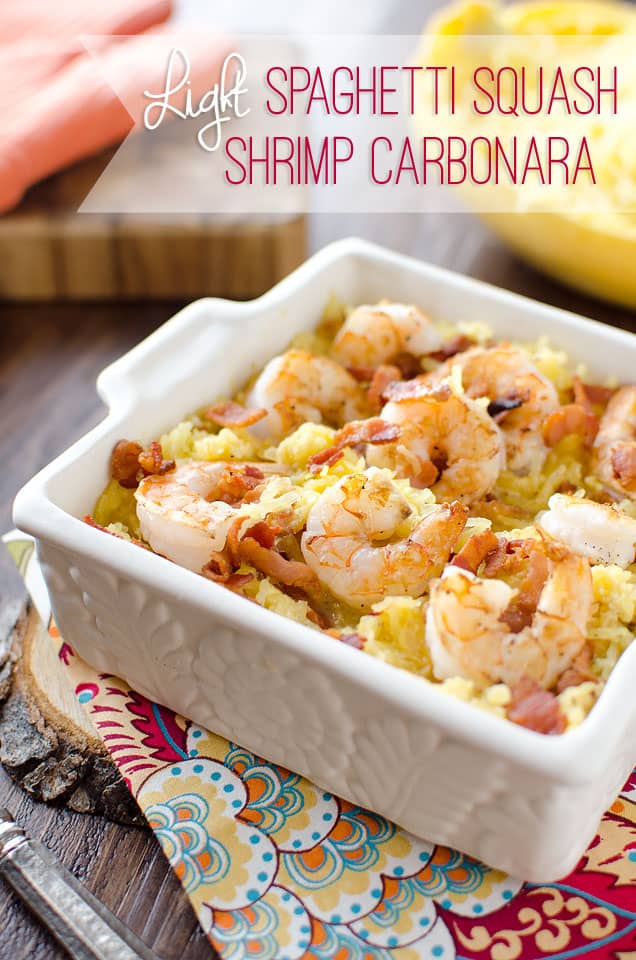 Light Spaghetti Squash Shrimp Carbonara is a healthy and low-carb recipe with all of the great flavors of carbonara without all the fat and carbohydrates from the traditional pasta dish. The lightened up version is loaded with tender shrimp and creamy spaghetti squash for a dinner you can feel good about. #SpaghettiSquash #Shrimp #LowCarb #Light