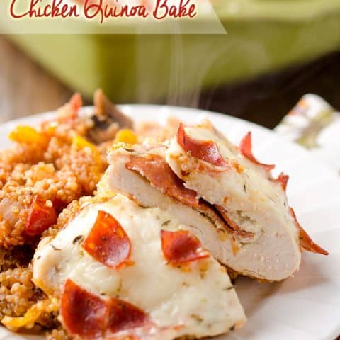 Pizza Stuffed Chicken Quinoa Bake - Krafted Koch - A hearty but healthy casserole filled with fluffy quinoa and your favorite pizza toppings along with herb and garlic cheese and pepperoni stuffed chicken breasts for a dinner recipe the whole family will love! #Healthy #Light #Quinoa #DinnerIdea #Casserole #Pizza
