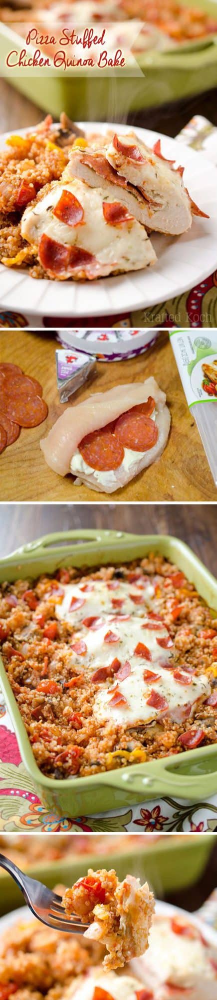Pizza Stuffed Chicken Quinoa Bake - Krafted Koch - A hearty but healthy casserole filled with fluffy quinoa and your favorite pizza toppings along with garlic herb cheese and pepperoni stuffed chicken breasts for a dinner recipe the whole family will love! #Healthy #Light #Quinoa #DinnerIdea #Casserole #Pizza