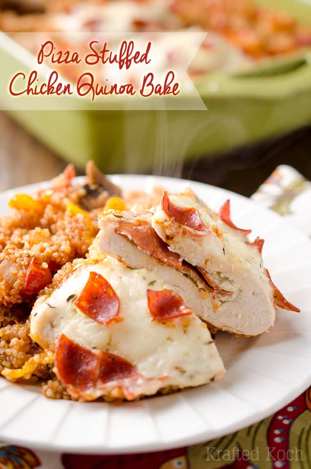 Pizza Stuffed Chicken Quinoa Bake - Krafted Koch - A hearty but healthy casserole filled with fluffy quinoa and your favorite pizza toppings along with herb and garlic cheese and pepperoni stuffed chicken breasts for a dinner recipe the whole family will love! #Healthy #Light #Quinoa #DinnerIdea #Casserole #Pizza