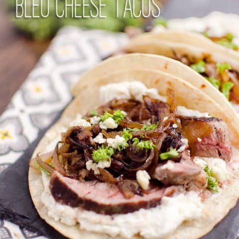 Steak & Whipped Bleu Cheese Tacos - A tender New York Strip Steak and caramelized onions topping a savory whipped bleu cheese on chewy corn tortillas for an amazing dinner idea!