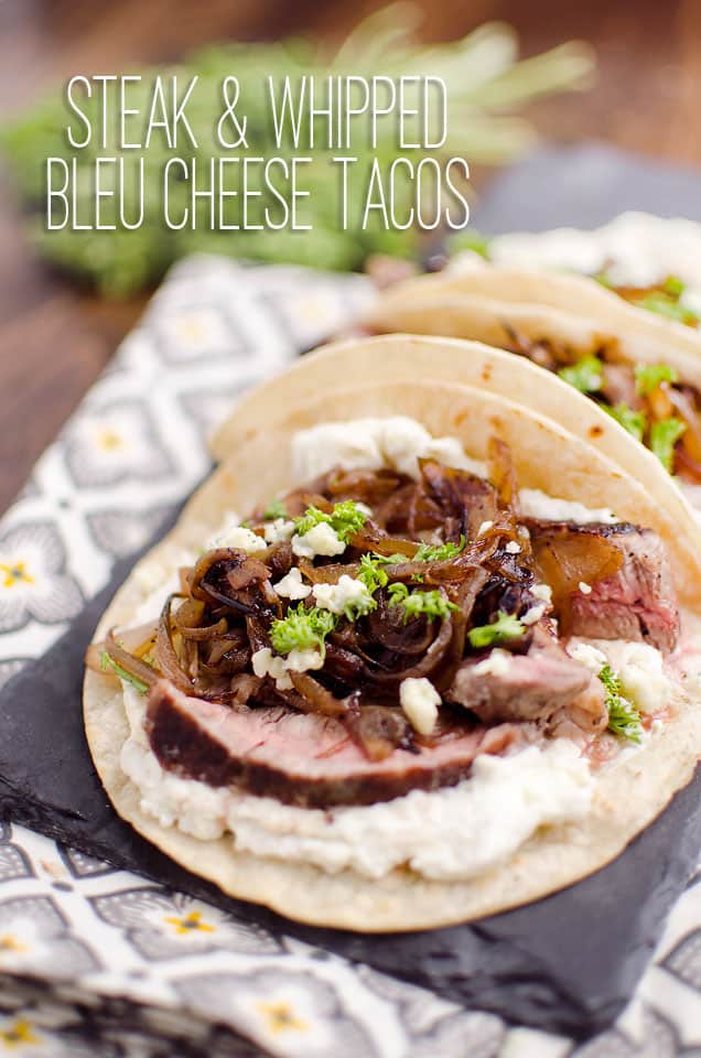 Steak & Whipped Bleu Cheese Tacos - A tender New York Strip Steak and caramelized onions topping a savory whipped bleu cheese on chewy corn tortillas for an amazing dinner idea!
