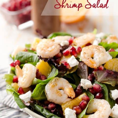 Winter Fruit & Shrimp Salad - A healthy entree salad filled with sweet winter fruits, pomegranate seeds and oranges along with grilled shrimp for a dinner idea that will brighten up these cold days! #Shrimp #Salad #Healthy #Ligth