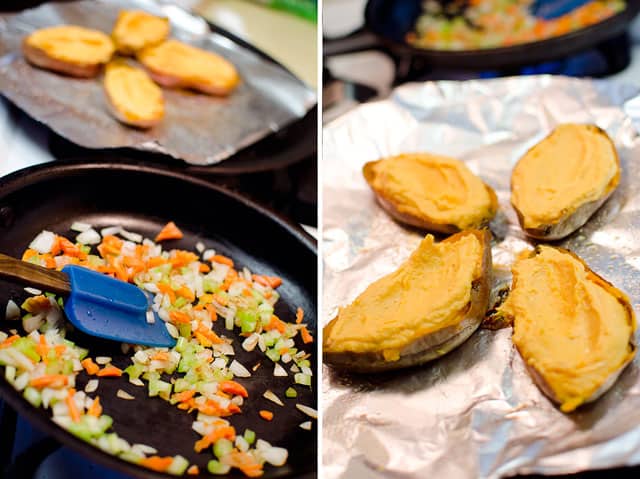 Twice Baked Buffalo Chicken Sweet Potatoes