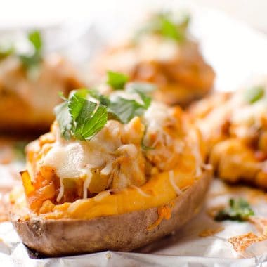 Twice Baked Buffalo Chicken Sweet Potatoes