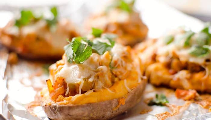 Twice Baked Buffalo Chicken Sweet Potatoes