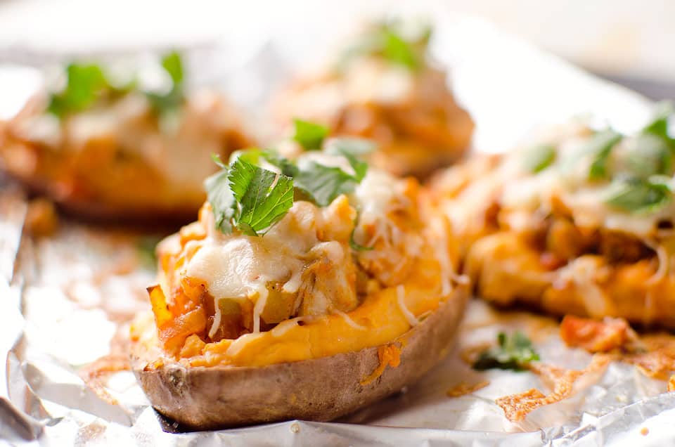 Twice Baked Buffalo Chicken Sweet Potatoes