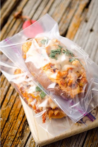 Twice Baked Buffalo Chicken Sweet Potatoes