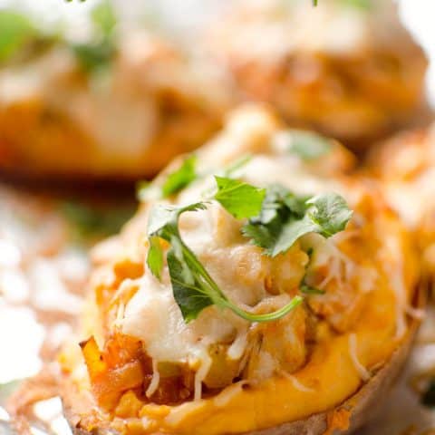 Twice Baked Buffalo Chicken Sweet Potatoes - An easy and delicious dinner recipe that also makes a great freezer meal for those lazy weeknight dinners when you still want a healthy meal! #FreezerMeal #Healthy #Chicken #SweetPotato #Light #ComfortFood #GlutenFree