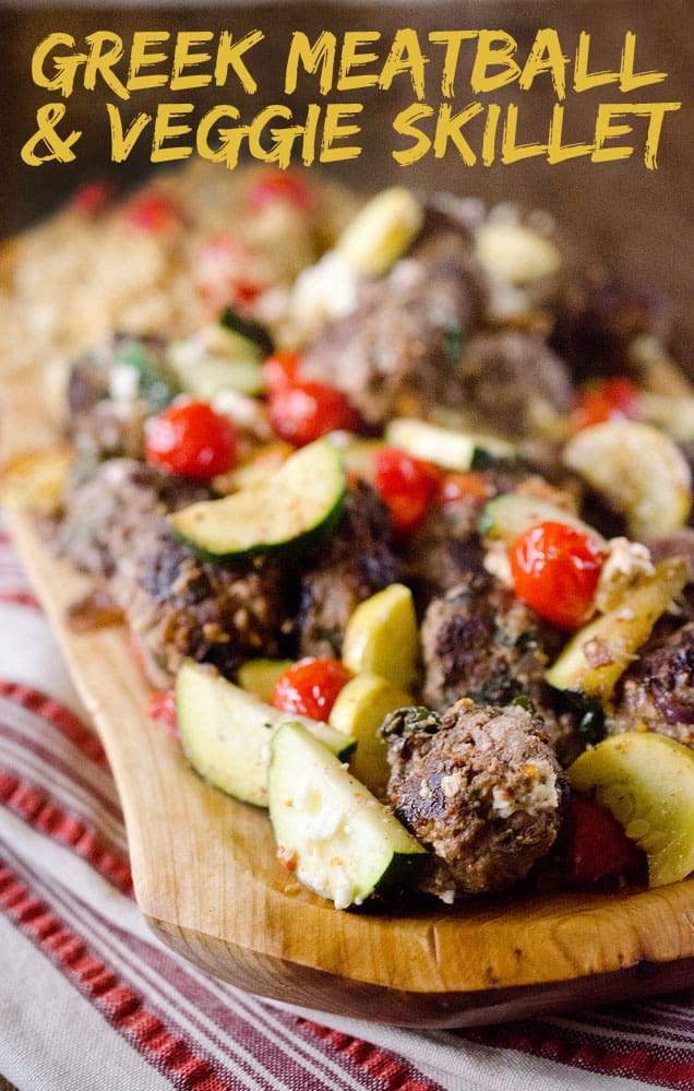 Greek Meatball & Veggie Skillet - The Creative Bite - A hearty but healthy skillet filled with lean ground beef and spinach meatballs and roasted veggies, topped with feta for a delicious and wholesome dinner recipe the whole family will love! #Healthy #Beef #Light #Meatballs #21DayFixApproved