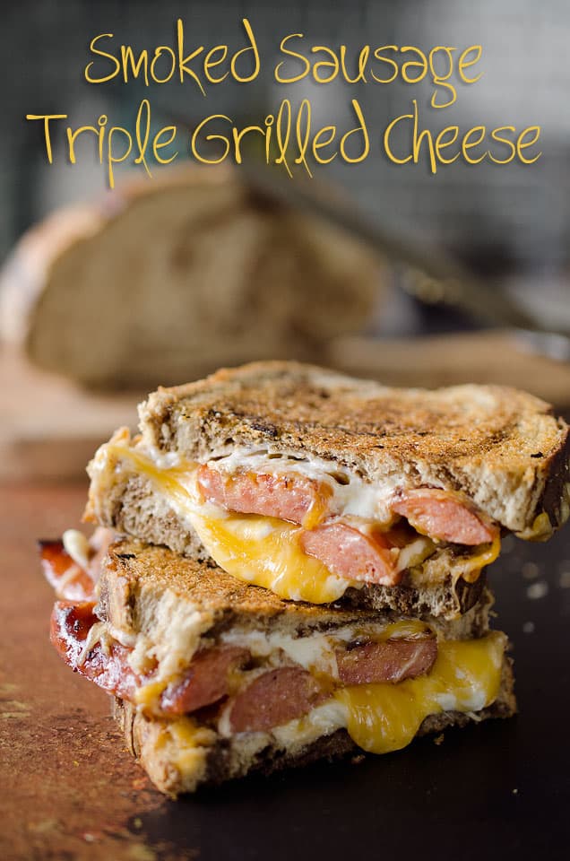 Smoked Sausage Triple Grilled Cheese has juicy sausage and creamy gouda, cheddar and cream cheese layered between two pieces of marble rye bread for a rich and gooey grilled cheese that will blow your mind!