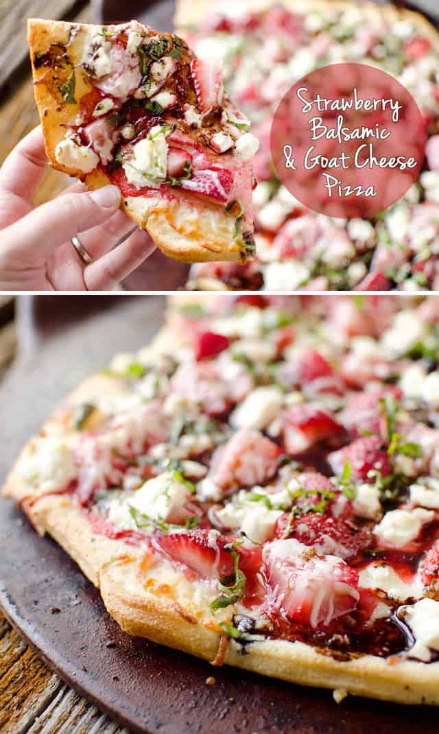 Strawberry Balsamic & Goat Cheese Pizza - A fresh summer pizza recipe loaded with sweet strawberries and basil, creamy goat cheese and tangy balsamic reduction for a unique and flavorful pizza unlike any other! #Pizza #Vegetarian #Fruit 