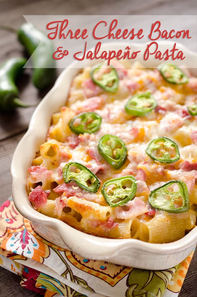 Three Cheese Bacon & Jalapeño Pasta - A rich and smooth cheese sauce infused with spicy jalapeño and garlic and topped with bacon for a delicious dinner recipe. #Cheesy #Pasta #Jalapeño