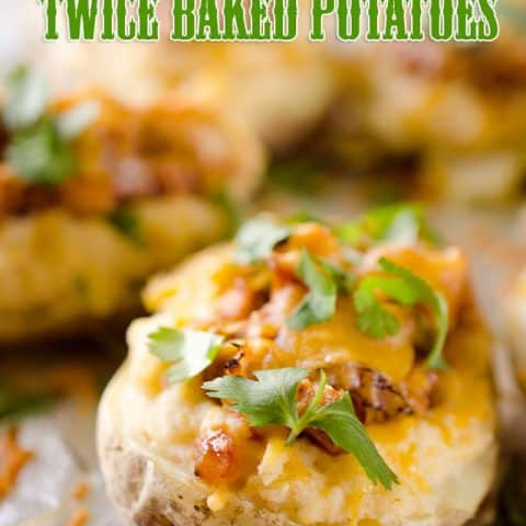 BBQ Chicken Twice Baked Potatoes are a healthy but hearty meal that will have everyone singing your praises. Creamy mashed potatoes with fat free Greek yogurt are topped with BBQ chicken and cheese for a delicious and easy dinner idea. #Light #Healthy #Chicken #TwiceBakedPotatoes #GreekYogurt