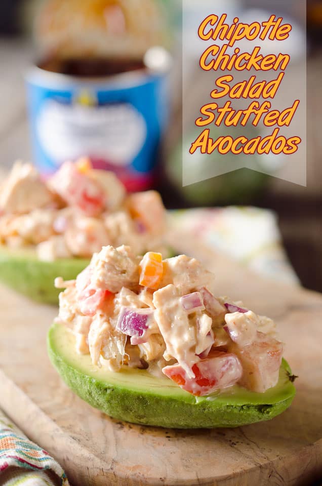 Chipotle Chicken Salad Stuffed Avocados are low-carb recipe full of fresh vegetables and flavor from a spicy chipotle sauce for a light and healthy packed lunch or dinner idea! #LowCarb #Healthy #LunchIdea #Light #Chicken #Easy #ChickenSalad