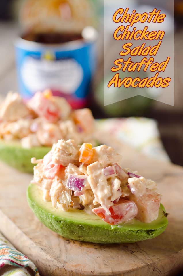 Chipotle Chicken Salad Stuffed Avocados are low-carb recipe full of fresh vegetables and flavor from a spicy chipotle sauce for a light and healthy packed lunch or dinner idea! #LowCarb #Healthy #LunchIdea #Light #Chicken #Easy #ChickenSalad