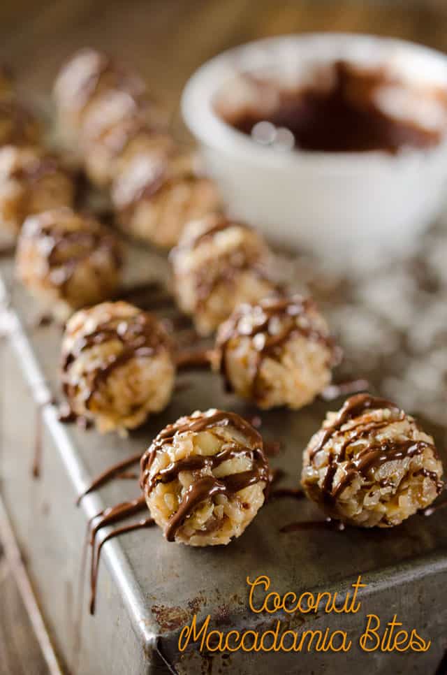 Coconut Macadamia Bites are rich little candies made with toasted coconut and macadamia nuts, caramelized sweetened condensed milk and sea salt all drizzled with dark chocolate for the perfect sweet and salty dessert! #Sweets #Coconut #Dessert #Chocolate #Candy