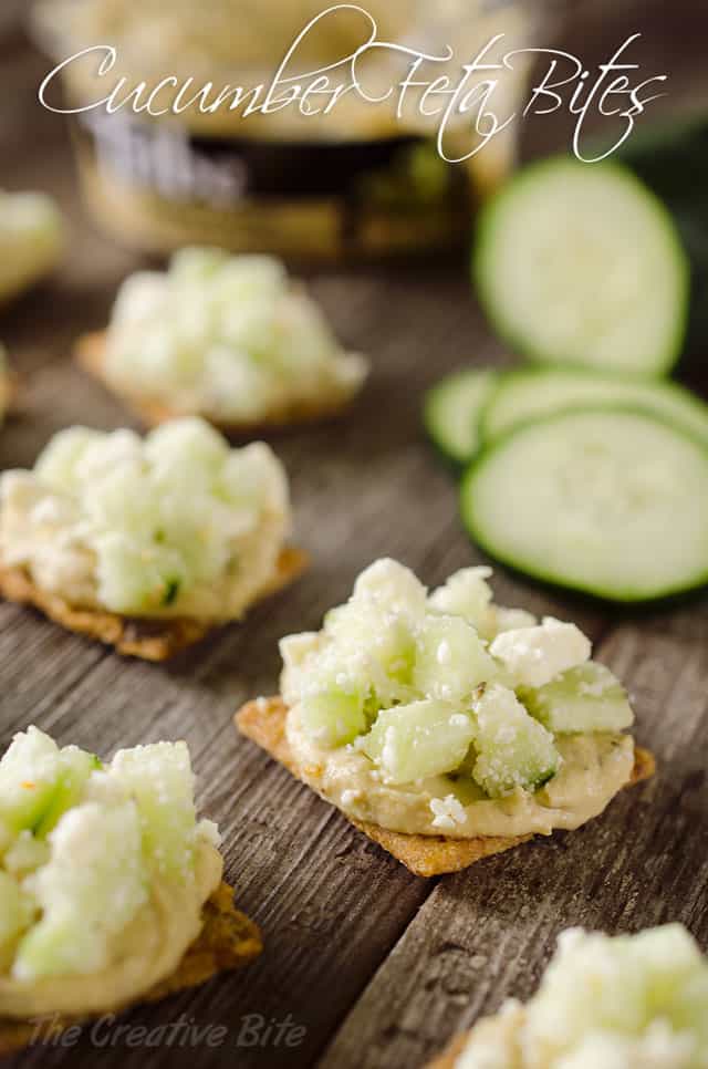 Cucumber Feta Bites are an easy appetizer or snack that are not only healthy, but satisfying and delicious! #Triscuit #Appetizer #Hummus #Cucumber #Snack #Healthy