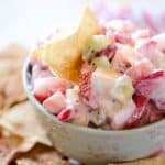 Fruit & Yogurt Dip with Baked Cinnamon Sugar Chips - A creamy mix of Greek yogurt and fresh fruit scooped up with homemade corn tortilla chips sprinkled with cinnamon and sugar for a sweet snack you can feel good about! #Healthy #Light #BakedChips #Fruit #GreekYogurt