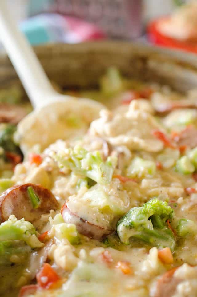 Light Cheesy Chicken, Sausage & Rice Casserole