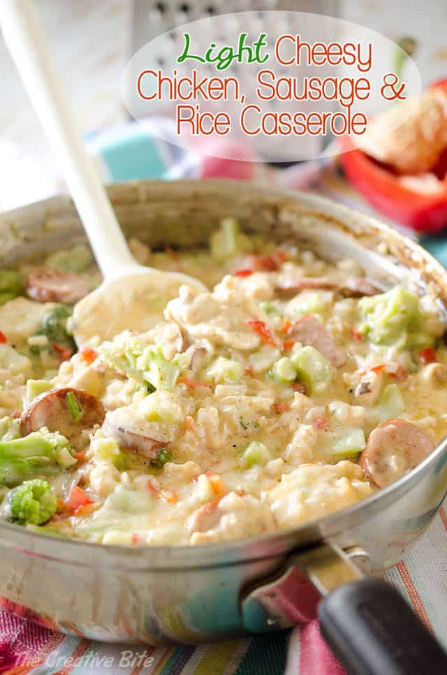 Light Cheesy Chicken, Sausage & Rice Casserole - A creamy chicken and rice hotdish filled with vegetables and sharp white cheddar for a healthy and filling one-pot dinner! #Light #Healthy #chicken #Sausage #Rice #Cheesy