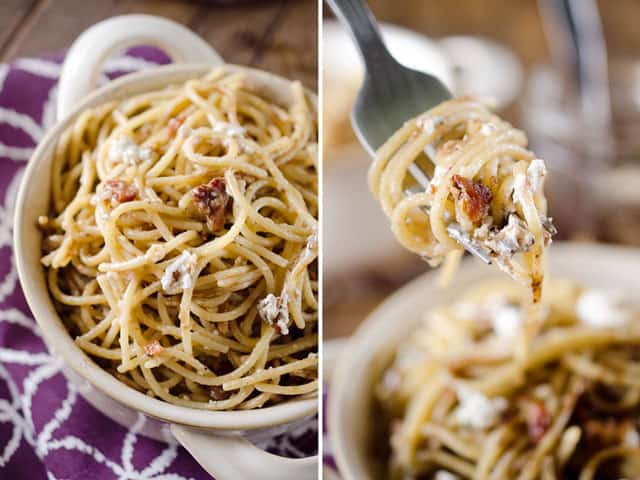 Easy Bacon & Goat Cheese Pasta - A quick and delicious dinner idea that comes together in only 15 minutes for a restaurant quality meal!