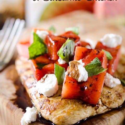 Grilled Watermelon & Balsamic Chicken - A tender chicken breast topped with grilled watermellon, soft goat cheese, fresh mint and a drizzle of balsamic reduction for a fresh summer meal that is healthy and delicious! #Chicken #Watermelon #Grilled #GoatCheese #Light #Healthy #DinnerIdea