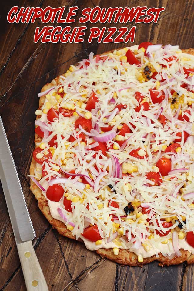 Chipotle Southwest Veggie Pizza - This cold Vegetable Pizza is a spicy twist on the classic veggie pizza with a creamy chipotle sauce topped with tomatoes, grilled sweet corn, red onions and a sharp Manchego cheese! #VeggiePizza #Pizza #Summer #Vegetables #Southweest #Chipotle
