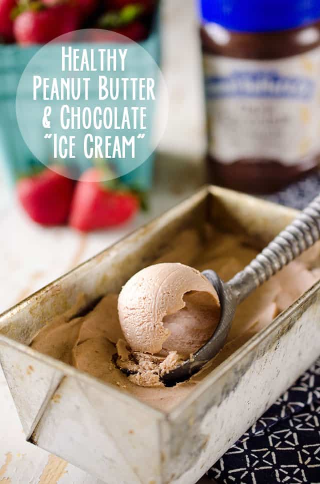 Healthy Peanut Butter Chocolate Banana "Ice Cream" is an easy 2 ingredient treat with a blend of Dark Chocolate Dreams Peanut Butter and frozen bananas for a delicious and guilt-free dessert! #Banana #IceCream #Chocolate #PeanutButter #Healthy