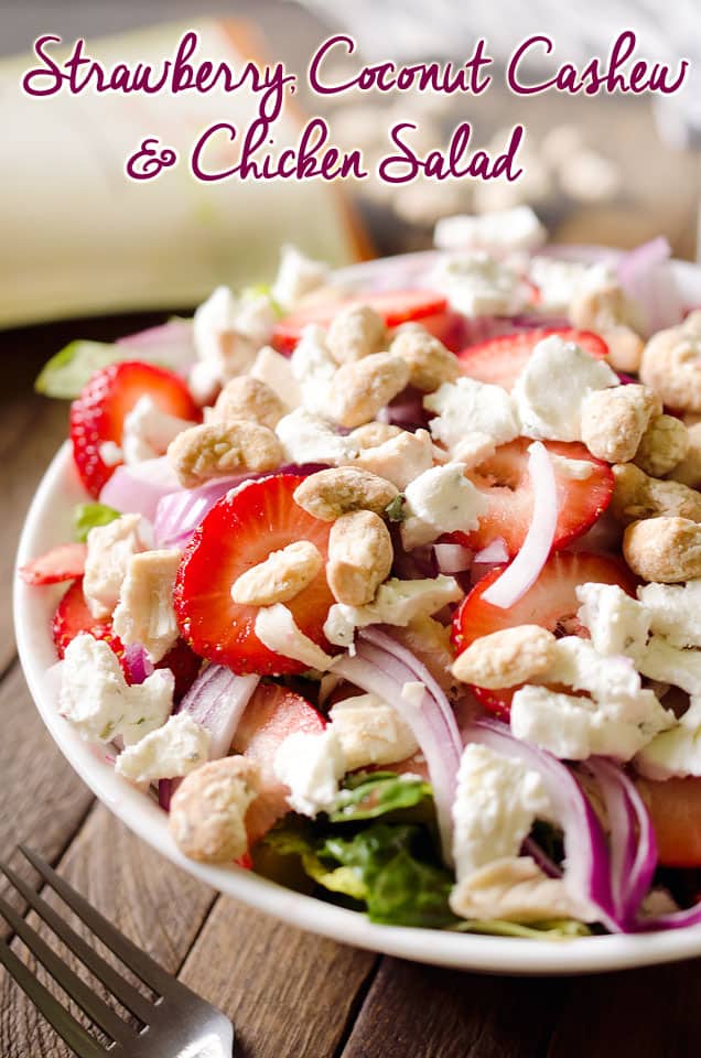 Strawberry & Coconut Cashew Salad is a fresh and healthy dinner salad recipe with ripe strawberries, red onions, goat cheese and coconut cashews. #Salad #Entree #Dinner #Light #Healthy