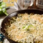 Tarragon Vegetable & Goat Cheese Gratin is a healthy side dish with flavor and texture abound. Peas, shallots, spinach, mushrooms, white wine and goat cheese all together with a panko bread crust for a delicious vegetarian dish! #Vegetable #Gratin #GoatCheese