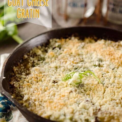 Tarragon Vegetable & Goat Cheese Gratin is a healthy side dish with flavor and texture abound. Peas, shallots, spinach, mushrooms, white wine and goat cheese all together with a panko bread crust for a delicious vegetarian dish! #Vegetable #Gratin #GoatCheese