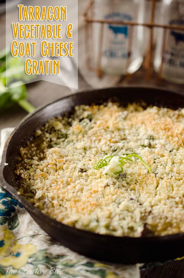 Tarragon Vegetable & Goat Cheese Gratin is a healthy side dish with flavor and texture abound. Peas, shallots, spinach, mushrooms, white wine and goat cheese all together with a panko bread crust for a delicious vegetarian dish! #Vegetable #Gratin #GoatCheese