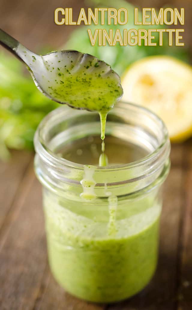 Cilantro Lemon Vinaigrette is a healthy homemade salad dressing with fresh cilantro, lemon juice, garlic, honey and champagne vinegar. #Vinaigrette #SaladDressing #Light #Healthy