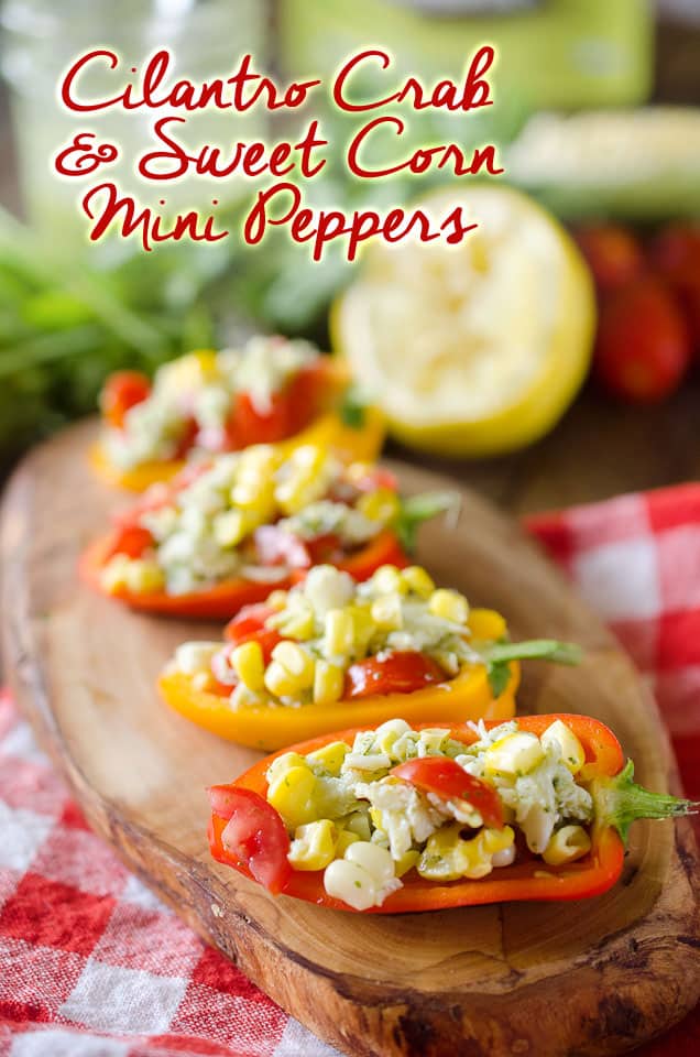 Cilantro Crab & Sweet Corn Mini Peppers are little bites of summer goodness with crab, sweet corn and tomatoes tossed in a refreshing Cilantro Lemon Vinaigrette for a light and healthy appetizer or snack. #Appetizer #Healthy #Snack #Light #Crab