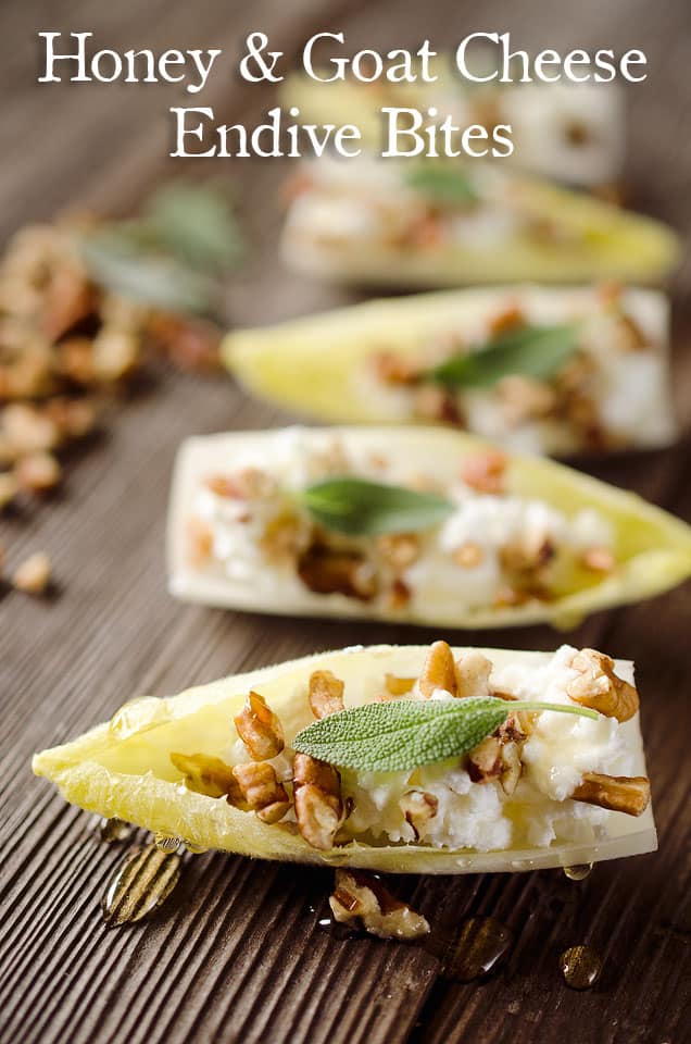 Honey & Goat Cheese Endive Bites - Crisp little leaves of endive are filled with whipped goat cheese, pecans, honey and a leaf of sage for an elegant and delicious appetizer that will impress! #Appetizer #Horderves #FingerFood #GoatCheese