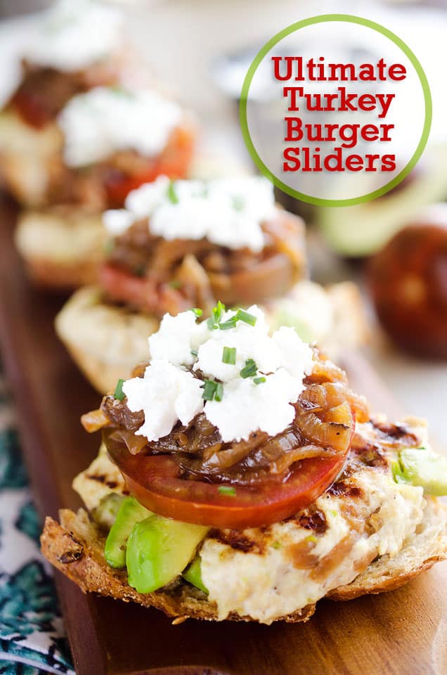 Ultimate Turkey Burger Sliders are the perfect healthy game-day appetizer or dinner! The lean turkey burger is loaded with caramelized onions and avocado to keep it moist and topped with the best burger fixings for the ultimate slider that is healthy and delicious! #Turkey #Burger #Sliders #Healthy #Light