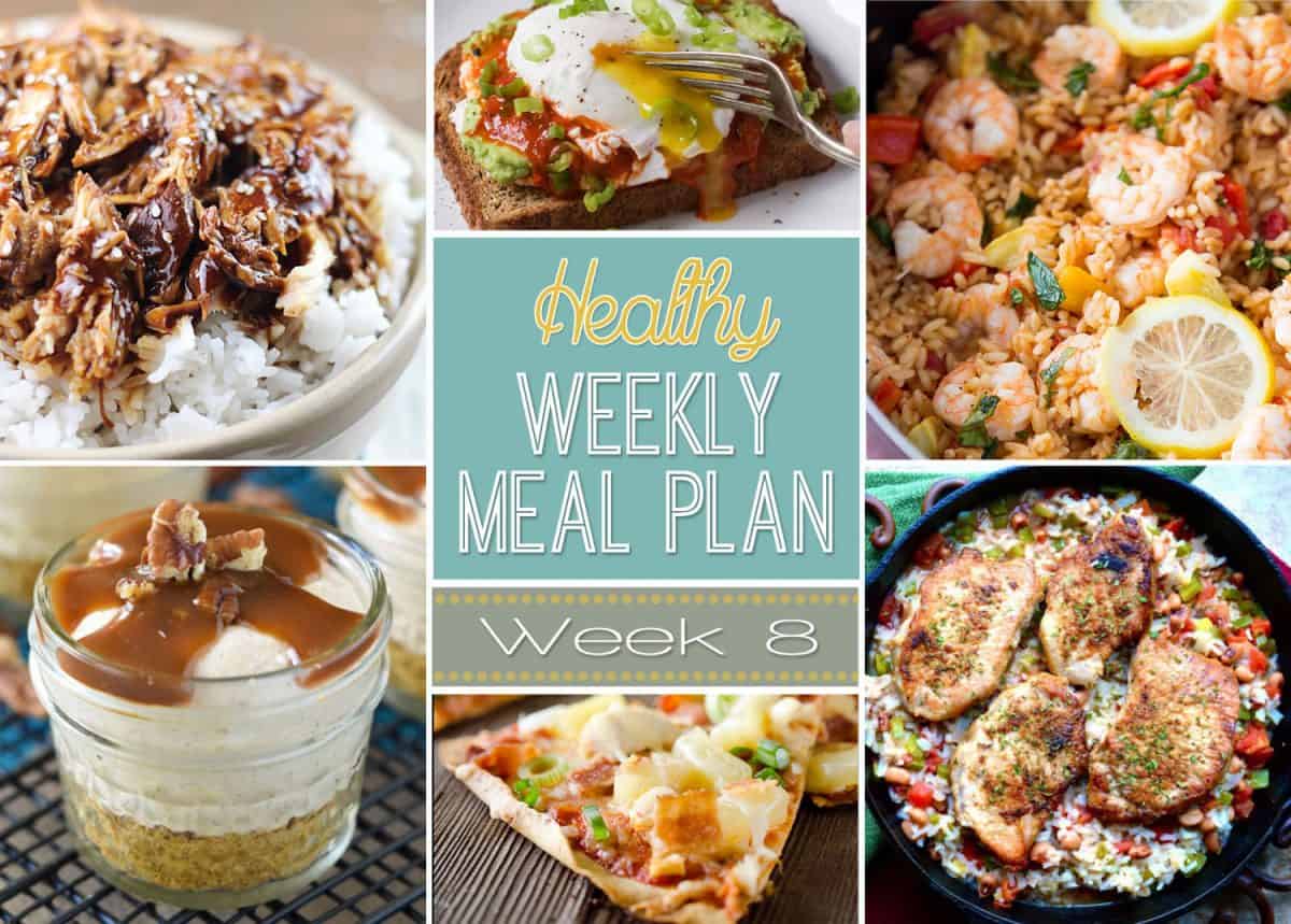 A delicious mix of healthy entrees, snacks and sides make up this Healthy Weekly Meal Plan for an easy week of nutritious meals your family will love! #MealPlan #Healthy #Menu