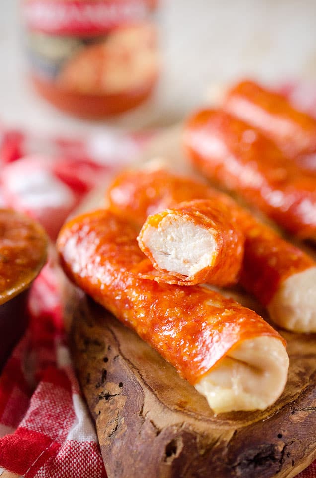 Pepperoni Chicken Fingers with pizza sauce are a healthy and wholesome snack or meal for both kids and adults. With only 3 ingredients, this easy meal or appetizer comes together in less than 30 minutes!#Pepperoni #Chicken #Healthy #GlutenFree #DairyFree