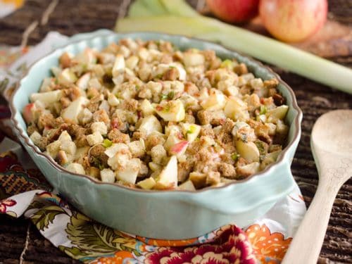 Light Apple & Pancetta Stuffing is full of wholesome goodness, including golden raisins, apples, green onions and leeks with a bit of Pancetta for rich flavor!