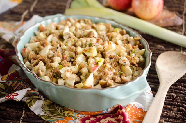 Light Apple & Pancetta Stuffing is full of wholesome goodness, including golden raisins, apples, green onions and leeks with a bit of Pancetta for rich flavor! 