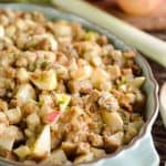 Light Apple & Pancetta Stuffing is full of wholesome goodness, including golden raisins, apples, green onions and leeks with a bit of Pancetta for rich flavor!