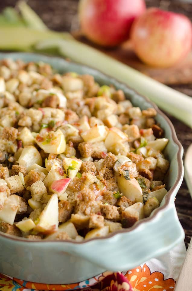 Light Apple & Pancetta Stuffing is full of wholesome goodness, including golden raisins, apples, green onions and leeks with a bit of Pancetta for rich flavor!