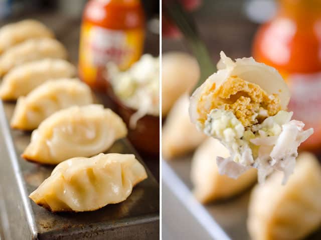 Buffalo Chicken Potstickers are a surprisingly easy and healthy dinner with chewy wrappers filled with lean ground chicken, vegetables and buffalo sauce.