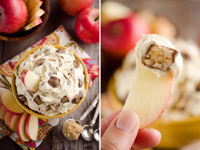 Candy Bar Apple Dip is the perfect dessert recipe to use up all of that leftover Halloween candy! #Candy #Apples #Dip #Dessert