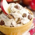 Candy Bar Apple Dip is the perfect dessert recipe to use up all of that leftover Halloween candy! #Candy #Apples #Dip #Dessert