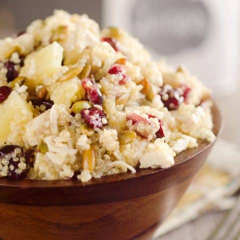 Harvest Chicken Quinoa Salad is a healthy and delicious lunch studded with chewy cranberries, juicy pineapple and salty pumpkin seeds along with the tender chicken & protein packed quinoa that are dressed in a homemade pineapple and honey vinaigrette. #Quinoa #Salad #Chicken